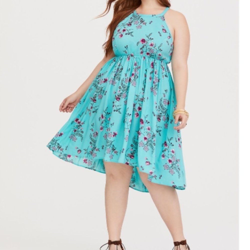 TORRID “HIGH LOW CHALLIS” AQUA FLORAL MIDI DRESS 5